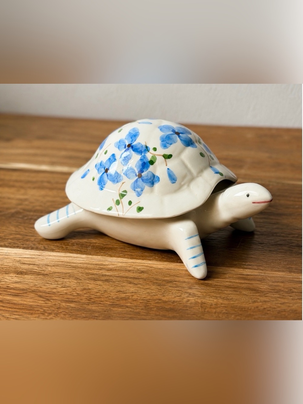 Vintage Hand-Painted Blue Floral Ceramic Turtle Trinket Box with Removable Shell